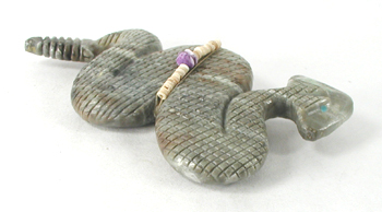 Authentic Native American rattlesnake Fetish Carving of Picasso marble with inlaid turquoise eyes and power spots by Zuni carver Farlan and Paulette Quam