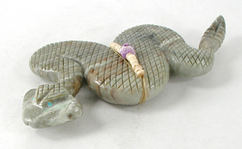 Authentic Native American rattlesnake Fetish Carving of Picasso marble with inlaid turquoise eyes and power spots by Zuni carver Farlan and Paulette Quam
