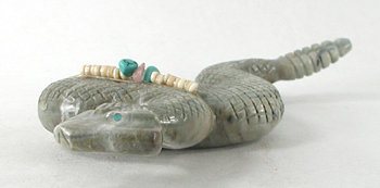 Authentic Native American rattlesnake Fetish Carving of Picasso marble with inlaid turquoise eyes and power spots by Zuni carver Farlan and Paulette Quam