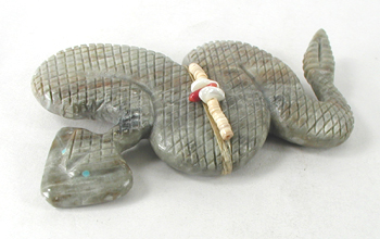 Authentic Native American rattlesnake Fetish Carving of Picasso marble with inlaid turquoise eyes and power spots by Zuni carver Farlan and Paulette Quam