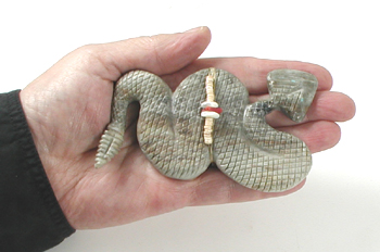 Authentic Native American rattlesnake Fetish Carving of Picasso marble with inlaid turquoise eyes and power spots by Zuni carver Farlan and Paulette Quam