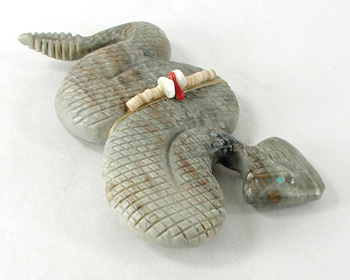 Authentic Native American rattlesnake Fetish Carving of Picasso marble with inlaid turquoise eyes and power spots by Zuni carver Farlan and Paulette Quam
