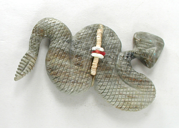 Authentic Native American rattlesnake Fetish Carving of Picasso marble with inlaid turquoise eyes and power spots by Zuni carver Farlan and Paulette Quam