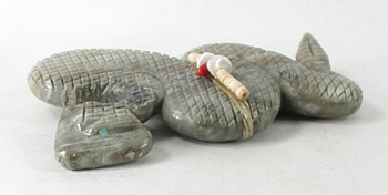 Authentic Native American rattlesnake Fetish Carving of Picasso marble with inlaid turquoise eyes and power spots by Zuni carver Farlan and Paulette Quam