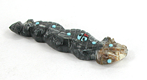 Authentic Native American rattlesnake Fetish Carving of Picasso marble with inlaid turquoise eyes and power spots by Zuni carver Danette Laate