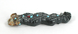 Authentic Native American rattlesnake Fetish Carving of Picasso marble with inlaid turquoise eyes and power spots by Zuni carver Danette Laate