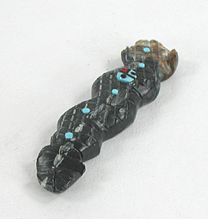 Authentic Native American rattlesnake Fetish Carving of Picasso marble with inlaid turquoise eyes and power spots by Zuni carver Danette Laate