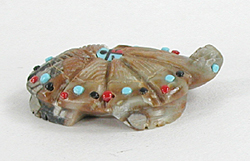 Authentic Native American Turtle Fetish Carving of Picasso marble with inlaid turquoise eyes and power spots by Zuni carver Danette Laate