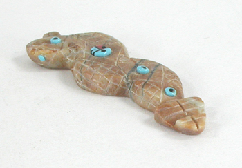 Authentic Native American rattlesnake Fetish Carving of picture jasper with inlaid jet eyes by Zuni carver Danette Laate