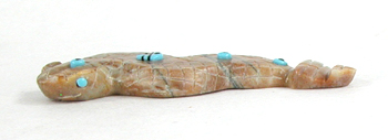 Authentic Native American rattlesnake Fetish Carving of picture jasper with inlaid jet eyes by Zuni carver Danette Laate