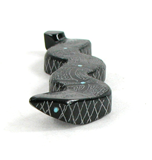 Authentic Native American Snake Fetish Carving of black marble with inlaid turquoise eyes by Zuni carver Patrick Wallace