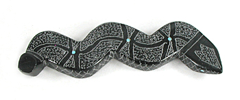 Authentic Native American Snake Fetish Carving of black marble with inlaid turquoise eyes by Zuni carver Patrick Wallace