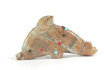Authentic Native American Dolphin Fetish Carving of picture jasper with inlaid jet eyes by Zuni carver Danette Laate