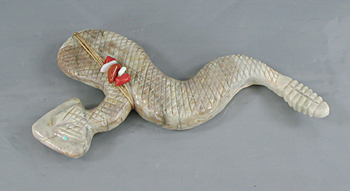 Authentic Native American rattlesnake Fetish Carving of Picasso marble with inlaid turquoise eyes and power spots by Zuni carver Farlan and Paulette Quam
