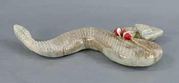Authentic Native American rattlesnake Fetish Carving of Picasso marble with inlaid turquoise eyes and power spots by Zuni carver Farlan and Paulette Quam