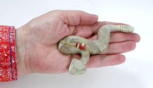 Authentic Native American rattlesnake Fetish Carving of Picasso marble with inlaid turquoise eyes and power spots by Zuni carver Farlan and Paulette Quam