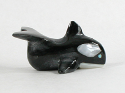 Authentic Native American Whale Fetish Carving of onyx with inlaid turquoise eyes by Zuni carver Calvert Bowannie