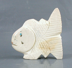 Authentic Native American Fish Fetish Carving of fishrock with inlaid turquoise eyes by Zuni carver Gilbert Lonjose