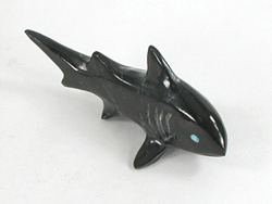 Authentic Native American Shark Fetish Carving of onyx with inlaid turquoise eyes by Zuni carver Calvert Bowannie