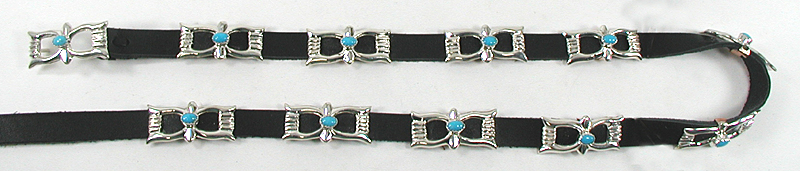 Authentic Native American black leather Sterling Silver Concho with Sleeping Beauty turquoise Hat Band by Navajo artist Isabelle Key