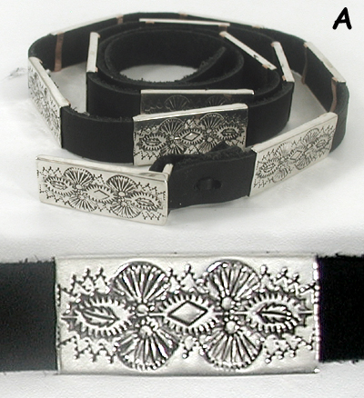 Authentic Native American black leather Stamped Sterling Silver Hat Band by Navajo artisan Shirley Skeets