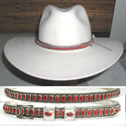 Navajo sterling silver and red coral hat band by James Freeland