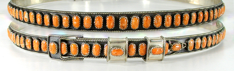 Authentic Native American Sterling Silver and Orange Spiny Oyster Hat Band by Navajo James Freeland