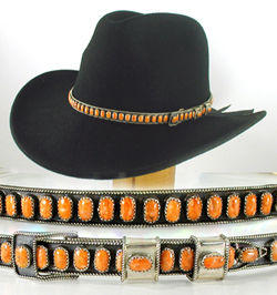 Navajo sterling silver and orange spiny oyster hat band by James Freeland