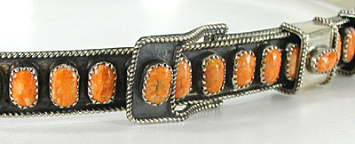 Authentic Native American Sterling Silver and Orange Spiny Oyster Hat Band by Navajo James Freeland