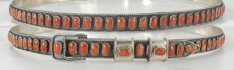 Authentic Native American sterling silver and red spiny oyster hat band by Navajo silversmith James Freeland