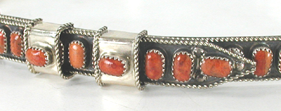 Authentic Native American sterling silver and red spiny oyster hat band by Navajo silversmith James Freeland