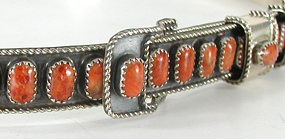 Authentic Native American sterling silver and red spiny oyster hat band by Navajo silversmith James Freeland