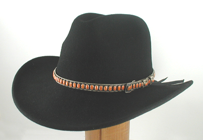 Authentic Native American sterling silver and red spiny oyster hat band by Navajo silversmith James Freeland