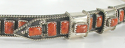 Authentic Native American sterling silver and red spiny oyster hat band by Navajo silversmith James Freeland