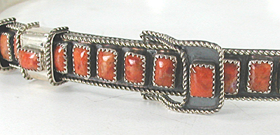 Authentic Native American sterling silver and red spiny oyster hat band by Navajo silversmith James Freeland