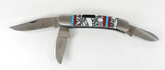 Three blade Pocket knife with inlay handle by Zuni artist Bevis Tsadiasi
