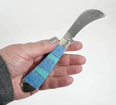 Authentic Native American Schrade single blade folding  knife with inlay grip by Navajo Ed Chischilly
