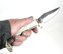 Buffalo Knives tang knife with antler grip and leather sheath