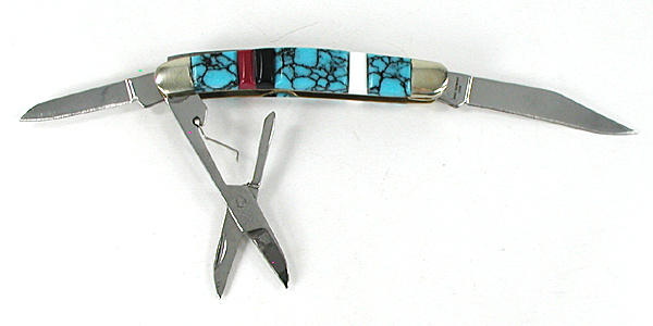 Three blade Pocket knife with inlay handle by Zuni artist Bevis Tsadiasi