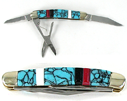 Authentic Native American folding pocket knife with scissors and inlay by Navajo artist Paul Lansing