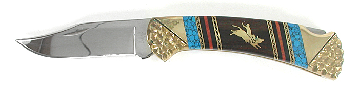 Buck Custom folding knife with bull rider inlay by Navajo David Yellowhorse