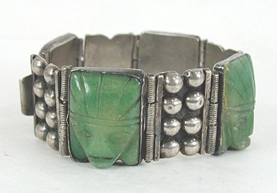 Vintage Mexican Green Onyx hinged Face or Mask bracelet 6 1/2 inch 