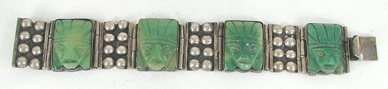 Vintage Mexican Green Onyx hinged Face or Mask bracelet 6 1/2 inch 