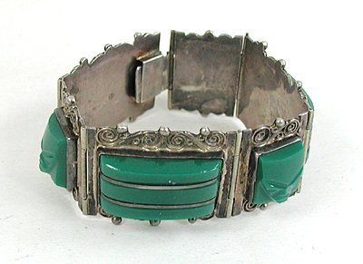 Vintage Mexican Green Stone hinged bracelet 7 inch 