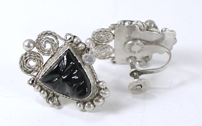 Mexican Sterling Silver and black onyx earrings and link bracelet size 6 1/4