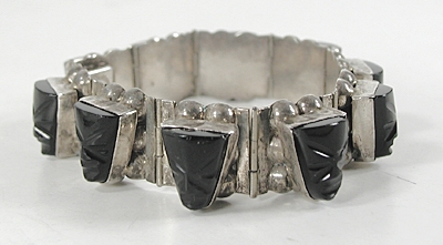 Mexican Sterling Silver and black onyx hinged link bracelet size 6 3/4 inch