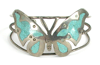 Mexican imitation turquoise and alpaca silver butterfly bracelet 6 1/4 inch