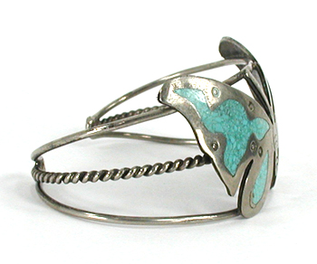 Mexican imitation turquoise and alpaca silver butterfly bracelet 6 1/4 inch