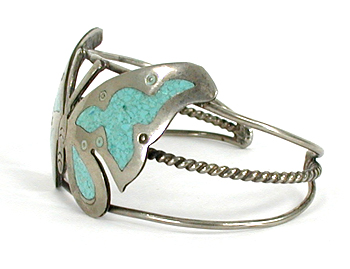 Mexican imitation turquoise and alpaca silver butterfly bracelet 6 1/4 inch