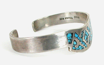 Mexican sterling silver and turquoise chip inlay sweater bracelet size 7 inch